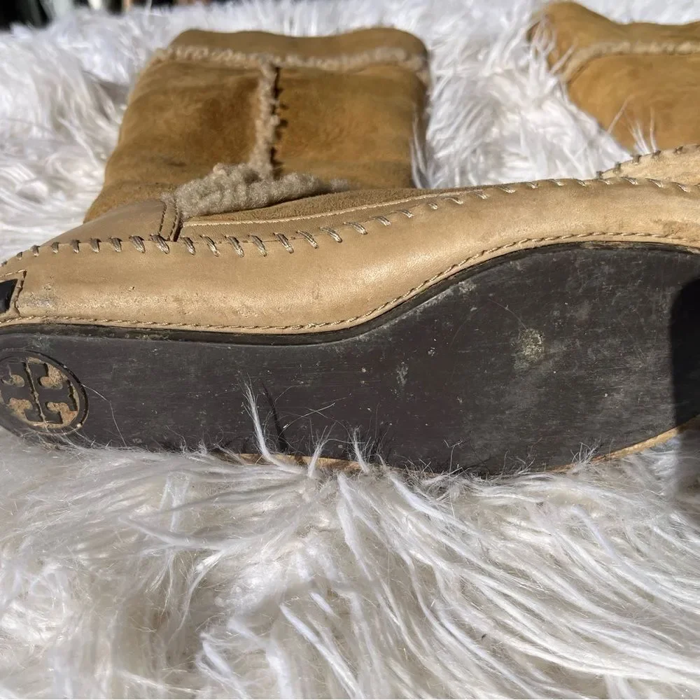 Tory Burch Camel Leather Suede Shearling Tall Reva Moccasin Boots